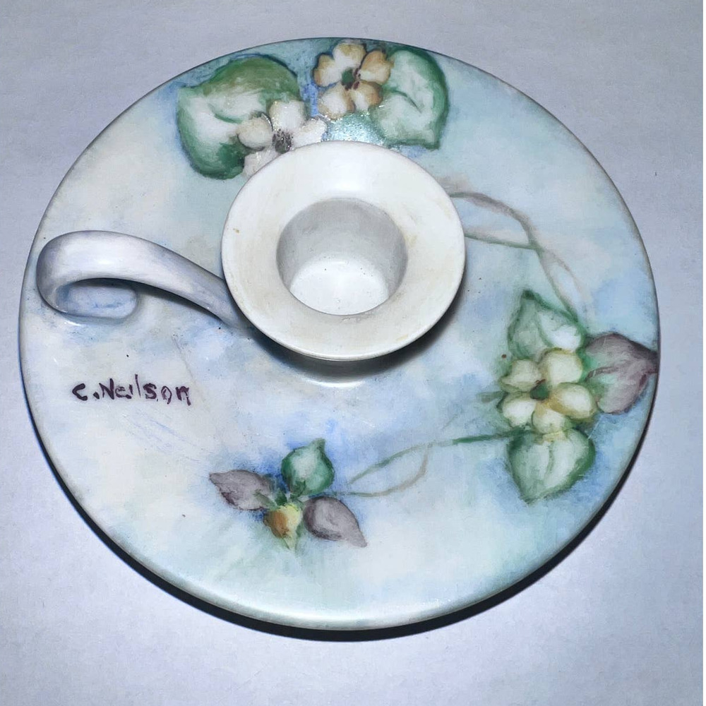 Vintage Handpainted Porcelain Candleholder, Saucers, Napkin Holder Rings, Signed